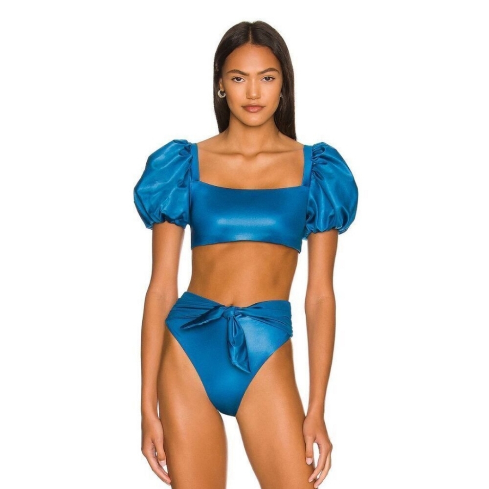 Agua Bendita Womens Bikini Top Puff Sleeves Calista Nettuno Small